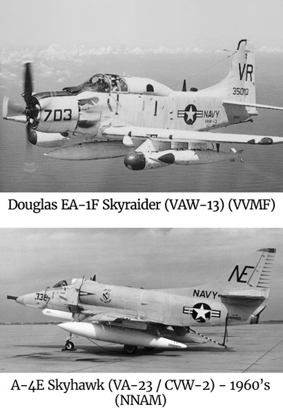 Composite image of 2 photos - a Douglas EA-1F Skyraider (VAW-13) and a 1960's A-4E Skyhawk (VA-23 / CVW-2).
